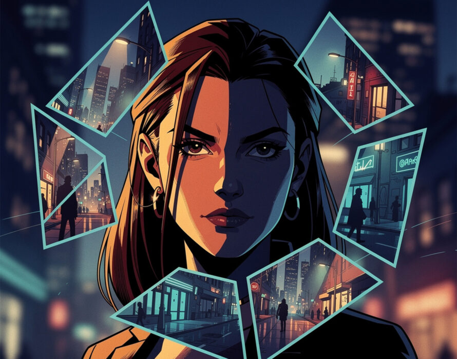 Grafik einer Frau und Kreis mit Bildmodulen